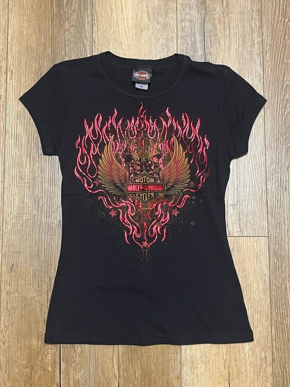 Harley-Davidson 2010 Myrtle Beach Sparkle Flames Y2K Babydoll Tee M USA Biker